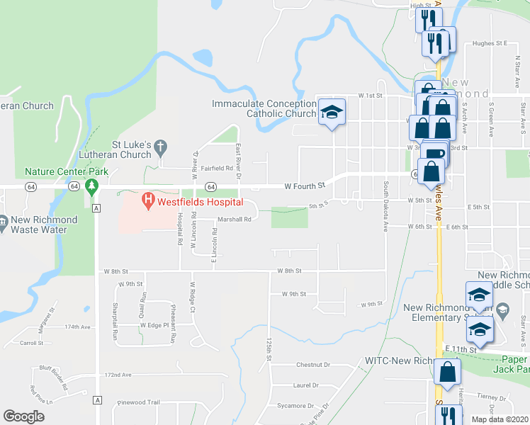map of restaurants, bars, coffee shops, grocery stores, and more near 726 Marshall Road in New Richmond