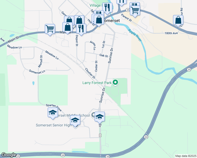 map of restaurants, bars, coffee shops, grocery stores, and more near 443 Sunrise Drive in Somerset