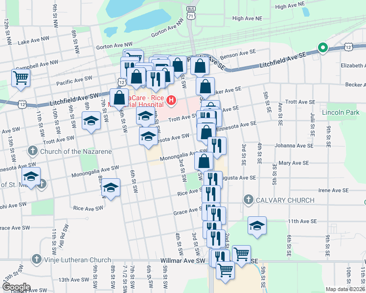 map of restaurants, bars, coffee shops, grocery stores, and more near 702 2nd Street Southwest in Willmar