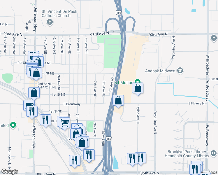map of restaurants, bars, coffee shops, grocery stores, and more near 117 9th Avenue Northeast in Osseo