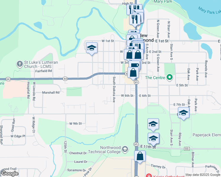 map of restaurants, bars, coffee shops, grocery stores, and more near 455 South Dakota Avenue in New Richmond