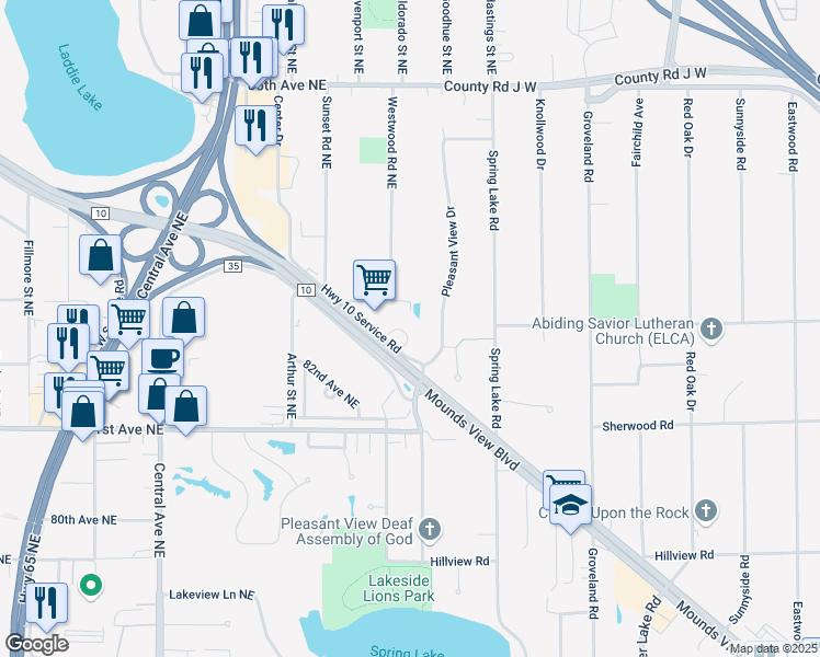map of restaurants, bars, coffee shops, grocery stores, and more near 8303 Westwood Road Northeast in Minneapolis