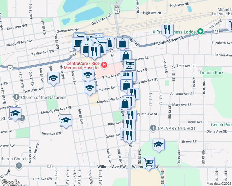 map of restaurants, bars, coffee shops, grocery stores, and more near 601 2nd Street Southwest in Willmar