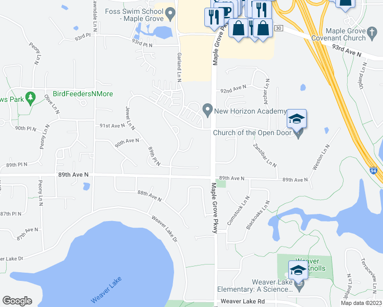 map of restaurants, bars, coffee shops, grocery stores, and more near 16913 90th Court North in Maple Grove