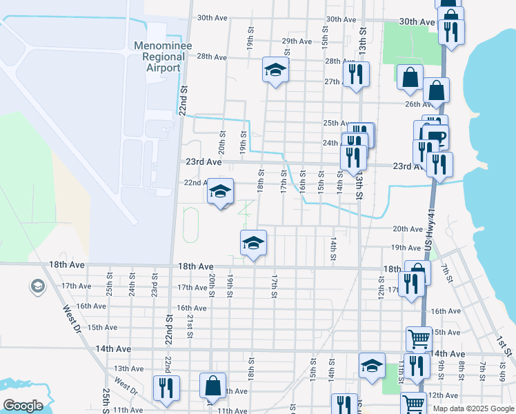 map of restaurants, bars, coffee shops, grocery stores, and more near 2101 18th Street in Menominee