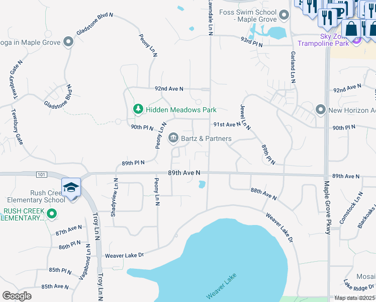 map of restaurants, bars, coffee shops, grocery stores, and more near 8973 Olive Lane North in Maple Grove