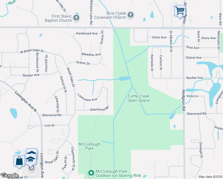 map of restaurants, bars, coffee shops, grocery stores, and more near 812 Sherwood Road in Shoreview