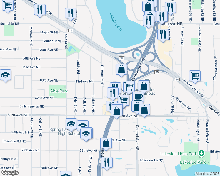map of restaurants, bars, coffee shops, grocery stores, and more near 8267 Pierce Street Northeast in Spring Lake Park