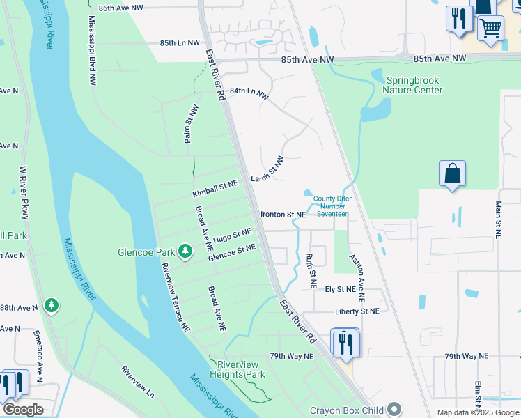 map of restaurants, bars, coffee shops, grocery stores, and more near 8253 East River Road in Fridley