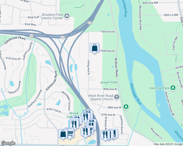 map of restaurants, bars, coffee shops, grocery stores, and more near 9017 Irving Avenue North in Minneapolis