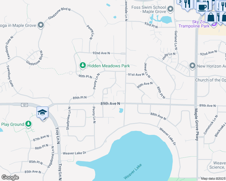 map of restaurants, bars, coffee shops, grocery stores, and more near 8973 Olive Lane North in Maple Grove