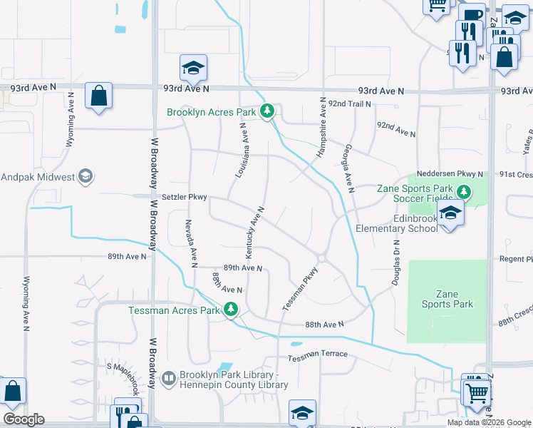 map of restaurants, bars, coffee shops, grocery stores, and more near 9025 Kentucky Avenue North in Minneapolis