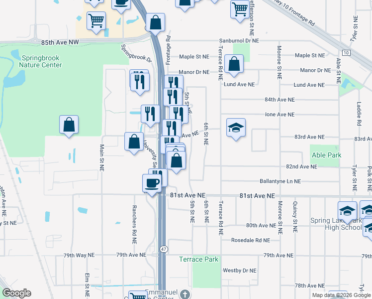 map of restaurants, bars, coffee shops, grocery stores, and more near 400 83rd Avenue Northeast in Minneapolis
