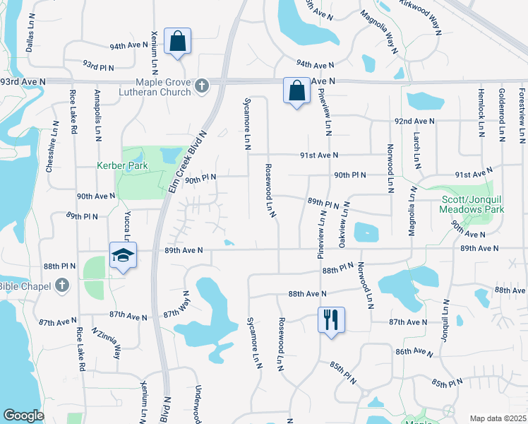 map of restaurants, bars, coffee shops, grocery stores, and more near 9015 Rosewood Lane North in Maple Grove