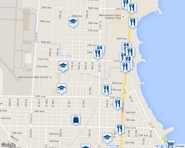 map of restaurants, bars, coffee shops, grocery stores, and more near 2100 14th Street in Menominee