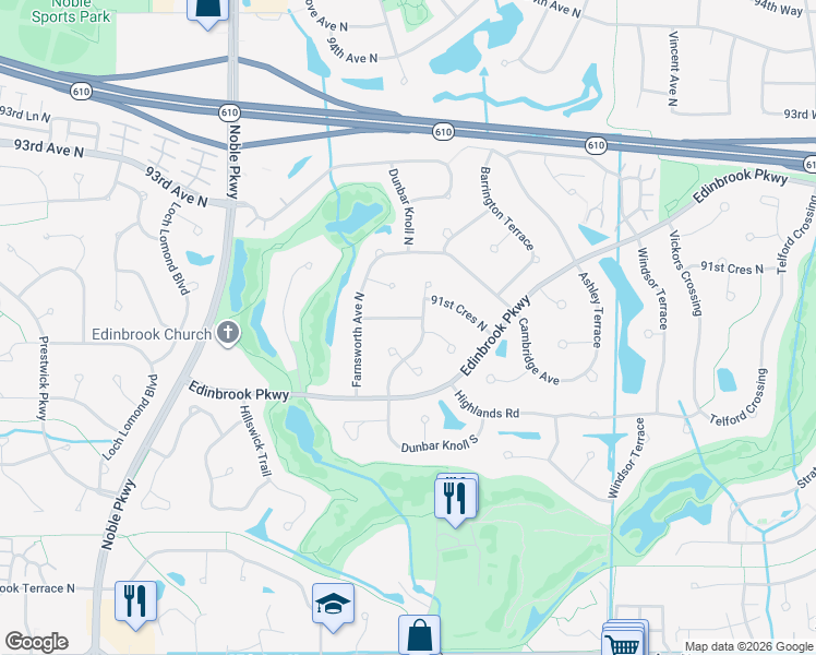map of restaurants, bars, coffee shops, grocery stores, and more near 3700 90th Crescent North in Minneapolis