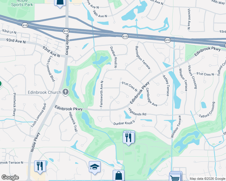 map of restaurants, bars, coffee shops, grocery stores, and more near 3800 90th Crescent North in Minneapolis