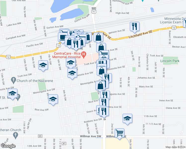 map of restaurants, bars, coffee shops, grocery stores, and more near 602 2nd Street Southwest in Willmar