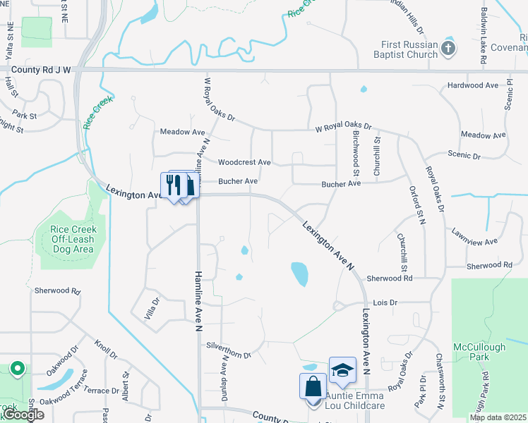 map of restaurants, bars, coffee shops, grocery stores, and more near 5881 Lexington Avenue North in Shoreview