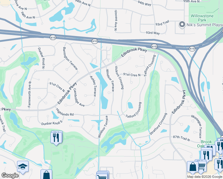 map of restaurants, bars, coffee shops, grocery stores, and more near 9001 Windsor Terrace in Minneapolis