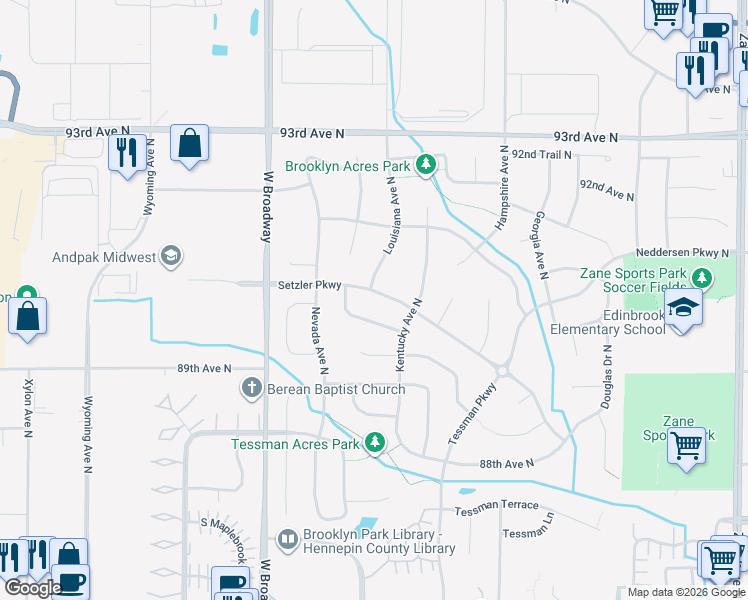 map of restaurants, bars, coffee shops, grocery stores, and more near 9100 Louisiana Avenue North in Minneapolis
