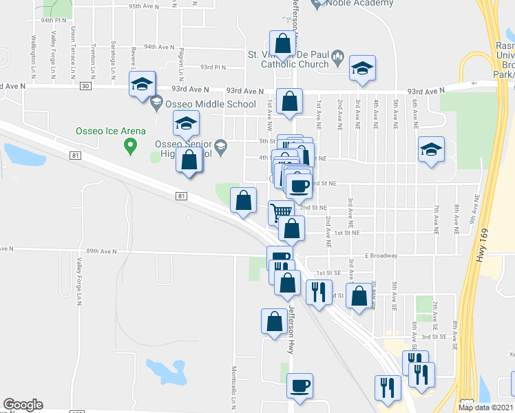 map of restaurants, bars, coffee shops, grocery stores, and more near 110 2nd Street Northwest in Osseo