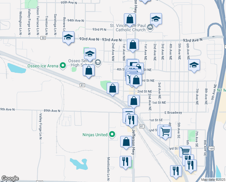 map of restaurants, bars, coffee shops, grocery stores, and more near 110 2nd Street Northwest in Osseo