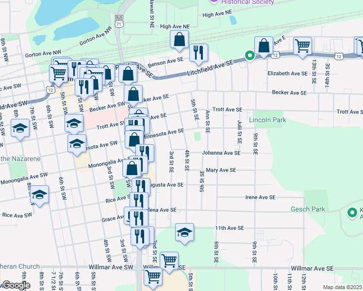 map of restaurants, bars, coffee shops, grocery stores, and more near 617 4th Street Southeast in Willmar
