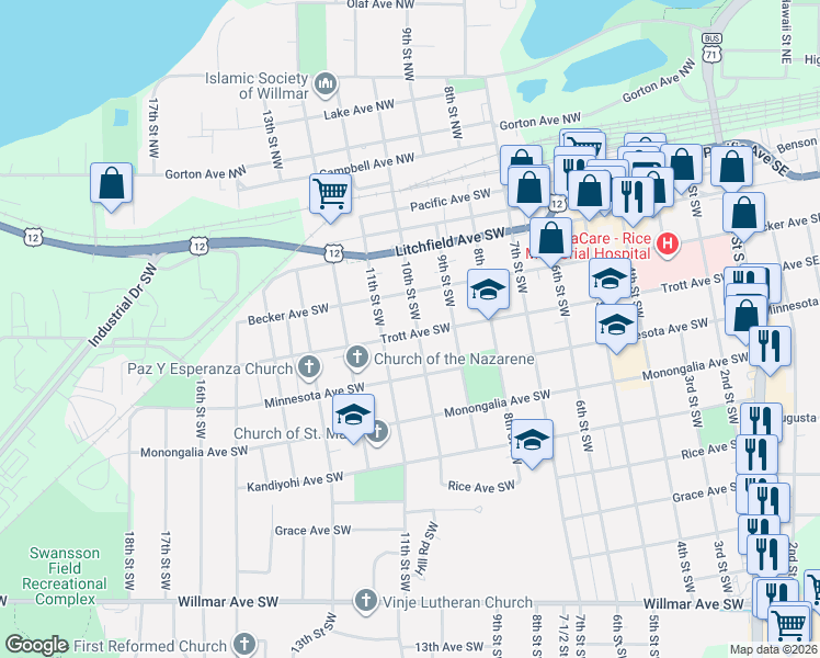 map of restaurants, bars, coffee shops, grocery stores, and more near 416 10th Street Southwest in Willmar