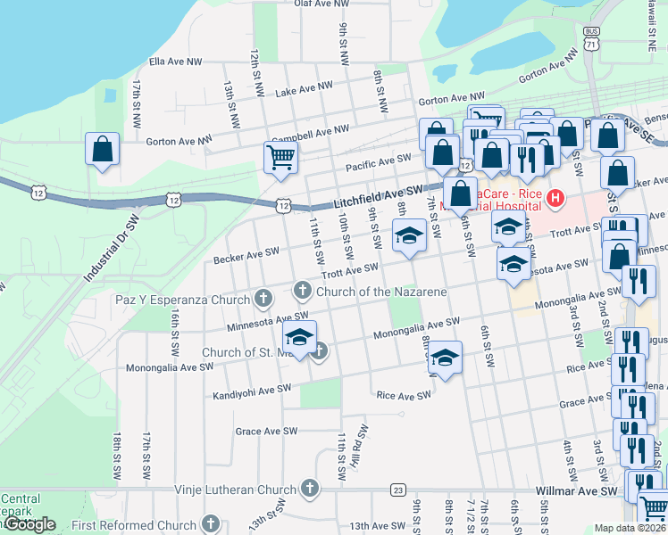 map of restaurants, bars, coffee shops, grocery stores, and more near 416 10th Street Southwest in Willmar