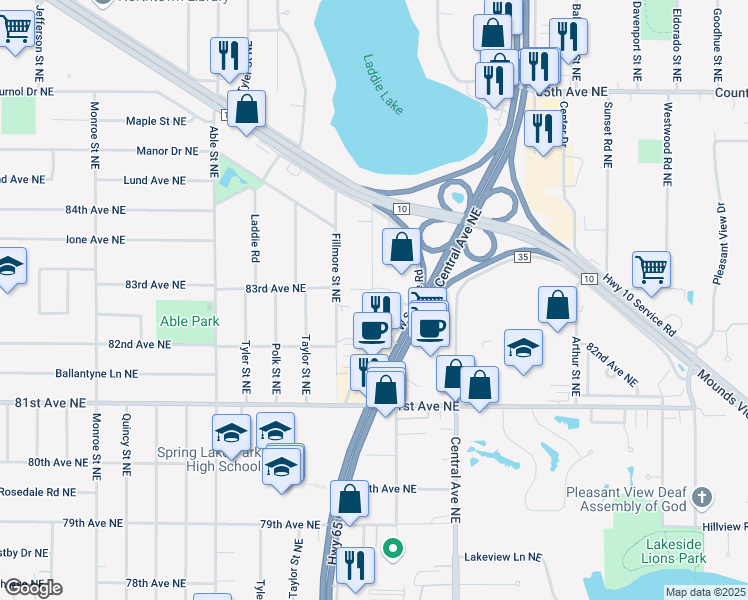 map of restaurants, bars, coffee shops, grocery stores, and more near 8267 Pierce Street Northeast in Spring Lake Park