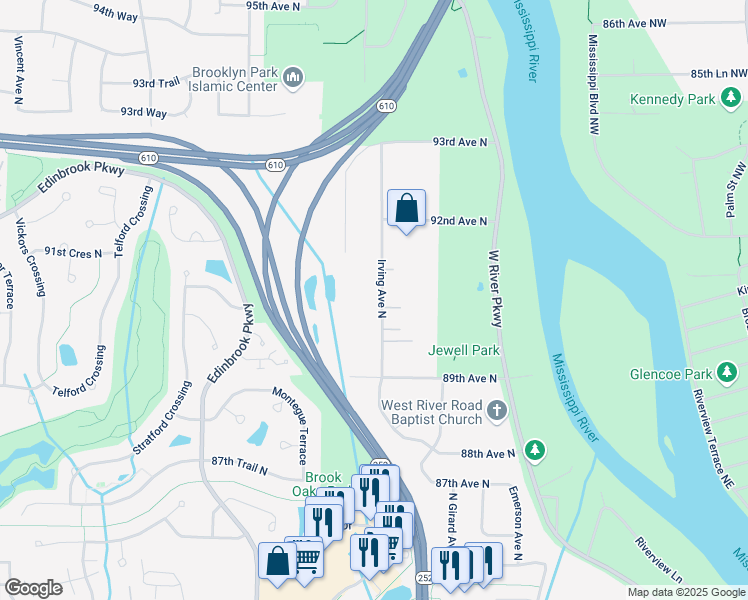 map of restaurants, bars, coffee shops, grocery stores, and more near 9017 Irving Avenue North in Minneapolis