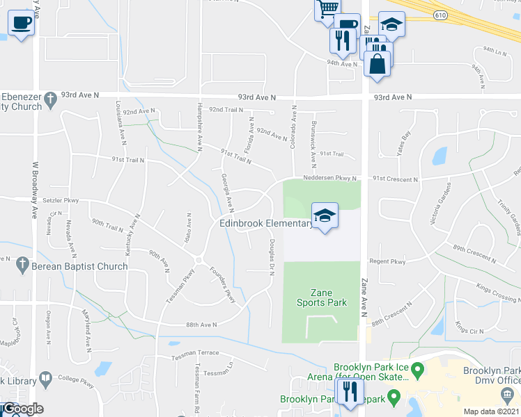map of restaurants, bars, coffee shops, grocery stores, and more near 6401 Neddersen Parkway North in Minneapolis