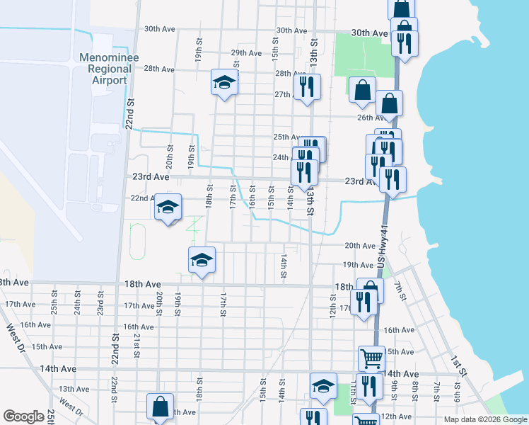 map of restaurants, bars, coffee shops, grocery stores, and more near 2001-2199 15th St in Menominee