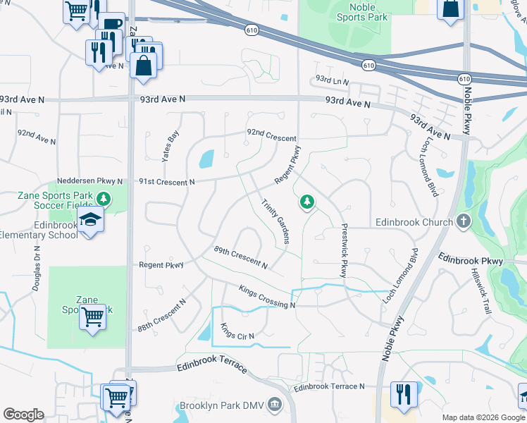 map of restaurants, bars, coffee shops, grocery stores, and more near 9024 Trinity Gardens in Minneapolis