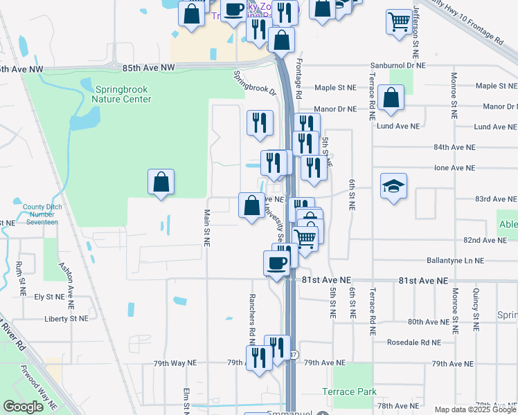map of restaurants, bars, coffee shops, grocery stores, and more near 8298 University Avenue Northeast in Fridley