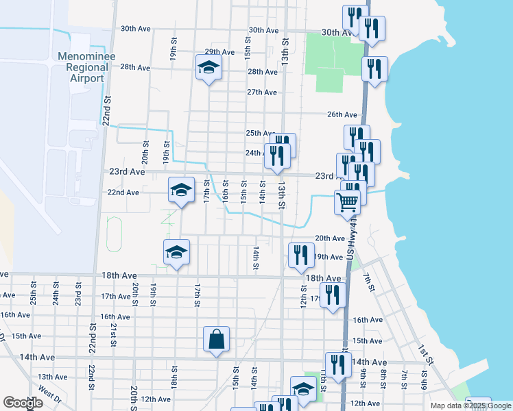 map of restaurants, bars, coffee shops, grocery stores, and more near 2100 14th Street in Menominee