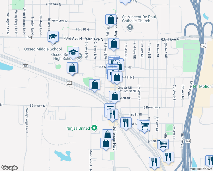 map of restaurants, bars, coffee shops, grocery stores, and more near 33 2nd Street Northwest in Osseo