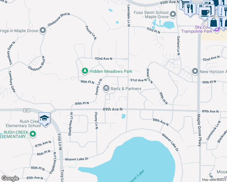 map of restaurants, bars, coffee shops, grocery stores, and more near 8973 Olive Lane North in Maple Grove
