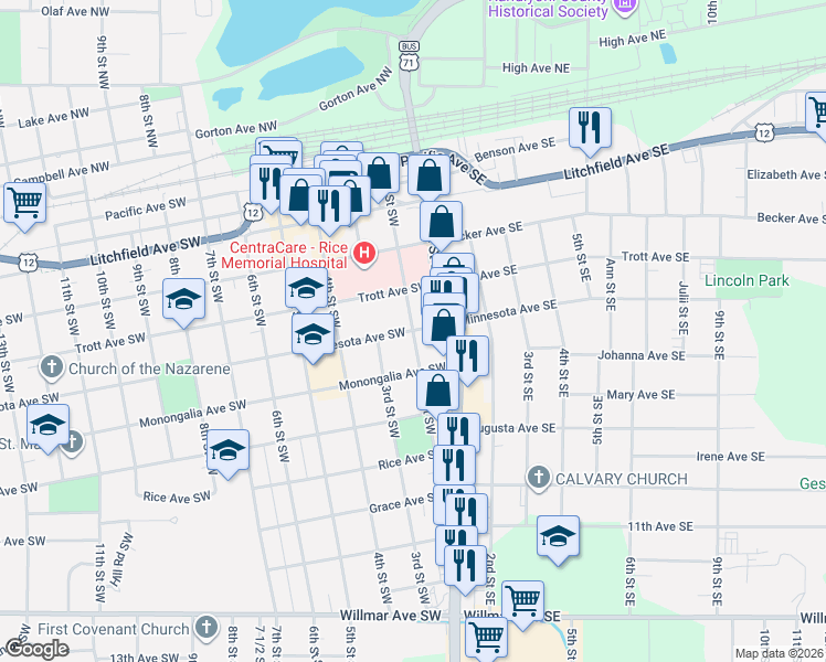 map of restaurants, bars, coffee shops, grocery stores, and more near 601 2nd Street Southwest in Willmar