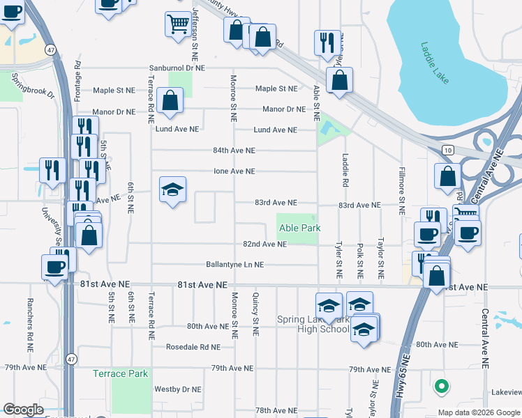map of restaurants, bars, coffee shops, grocery stores, and more near 748 83rd Avenue Northeast in Minneapolis