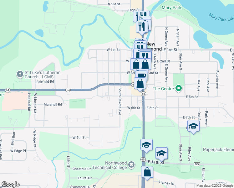 map of restaurants, bars, coffee shops, grocery stores, and more near 455 S Dakota Ave in New Richmond