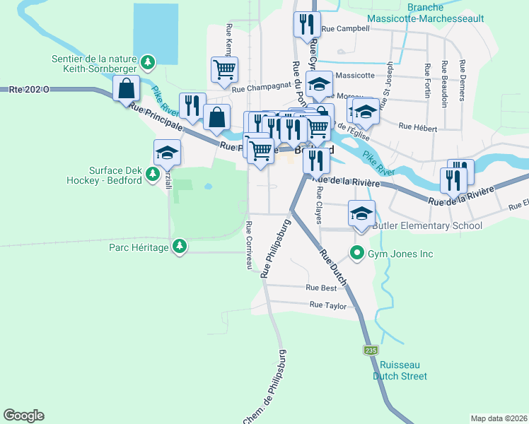 map of restaurants, bars, coffee shops, grocery stores, and more near Avenue des Pins in Bedford