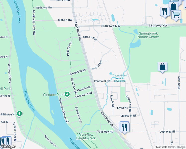 map of restaurants, bars, coffee shops, grocery stores, and more near 8253 East River Road in Fridley