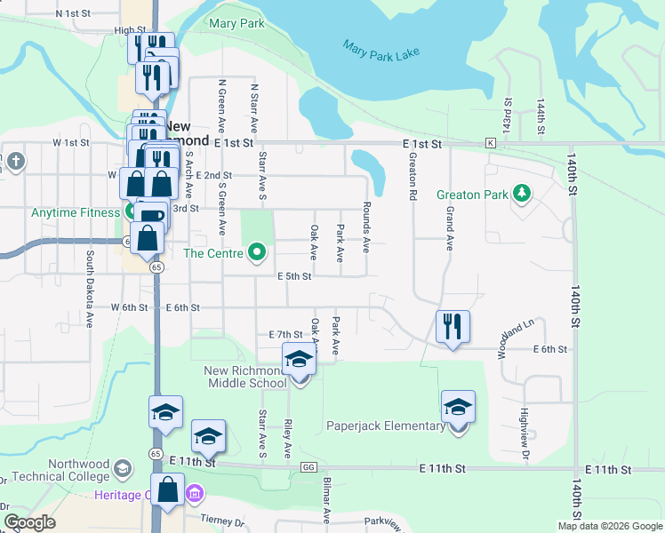 map of restaurants, bars, coffee shops, grocery stores, and more near 641 East 5th Street in New Richmond