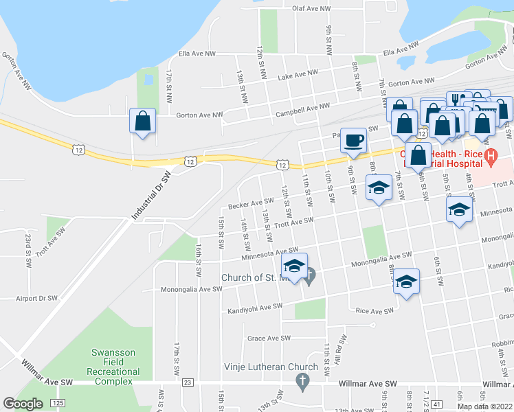 map of restaurants, bars, coffee shops, grocery stores, and more near 401 Highland Road in Willmar