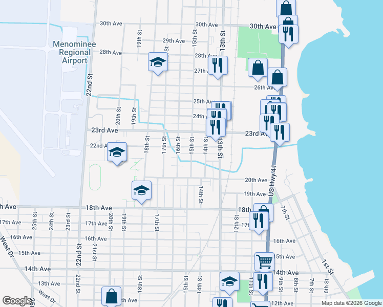 map of restaurants, bars, coffee shops, grocery stores, and more near 2001 15th Street in Menominee