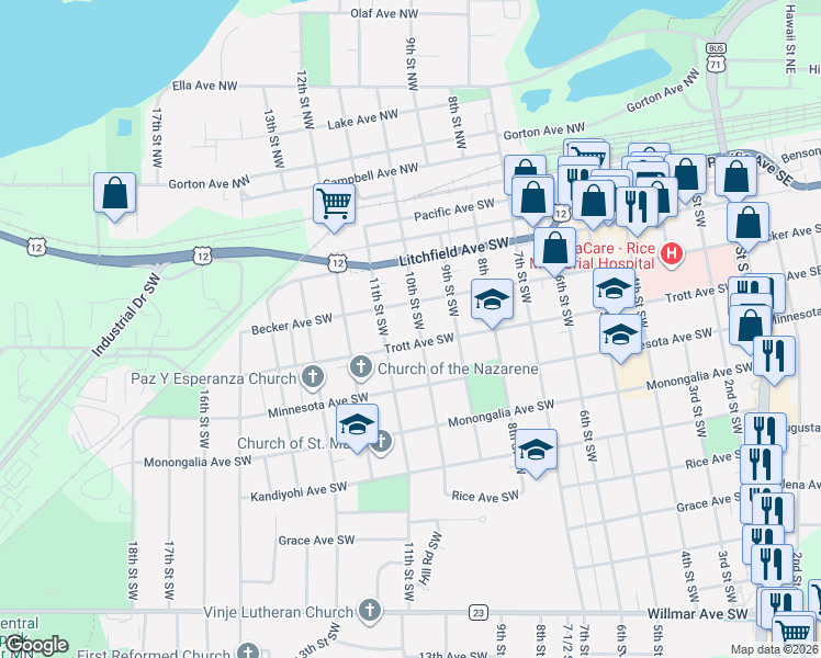 map of restaurants, bars, coffee shops, grocery stores, and more near 416 10th Street Southwest in Willmar