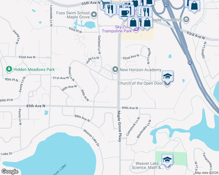 map of restaurants, bars, coffee shops, grocery stores, and more near 16875 90th Court North in Osseo