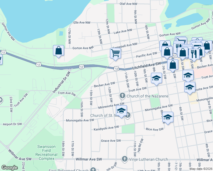 map of restaurants, bars, coffee shops, grocery stores, and more near 401 Highland Road in Willmar